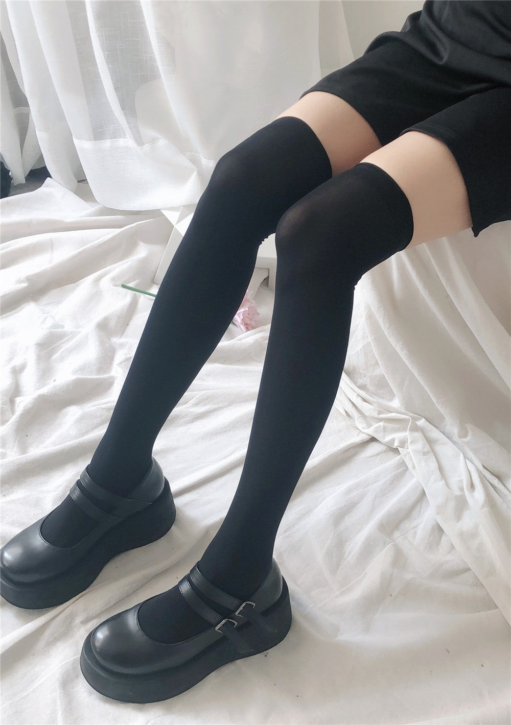 JK Women Black White Knee High Lolita Socks Lady Girls Over Knee Cute Long Sock Thin Breathable Solid Color Stockings For Women
