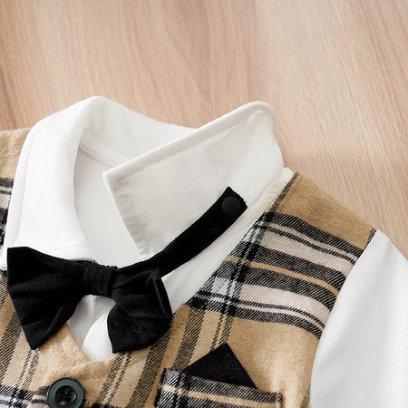 Newborn Baby Boy Clothes white baby onesie with khaki check print One-piece Vest gentleman's spring and autumn pajamas