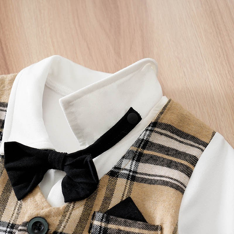 Newborn Baby Boy Clothes white baby onesie with khaki check print One-piece Vest gentleman's spring and autumn pajamas