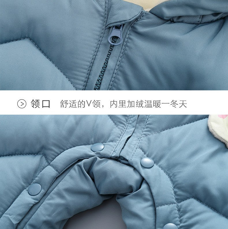 Demin-season Winter Kids Boys Rompers 2025 Cartoon Pockets Hooded Bodysuit For 0-3Y Newborn Infant Babys Boys One-piece Jumpsuit