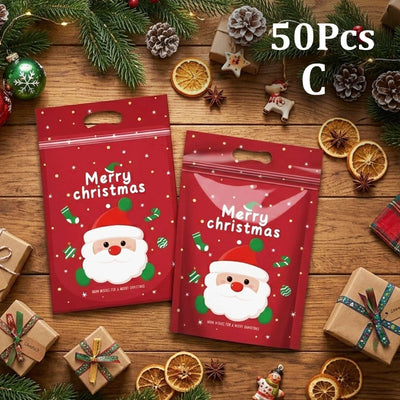 50Pcs Resealable Christmas Zip Lock Bags 50PCS Clear Christmas Plastic Sealing Bags with Handles for Xmas Holiday Party Candy