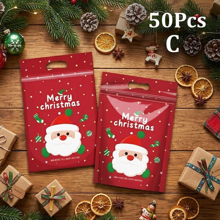 50Pcs Resealable Christmas Zip Lock Bags 50PCS Clear Christmas Plastic Sealing Bags with Handles for Xmas Holiday Party Candy