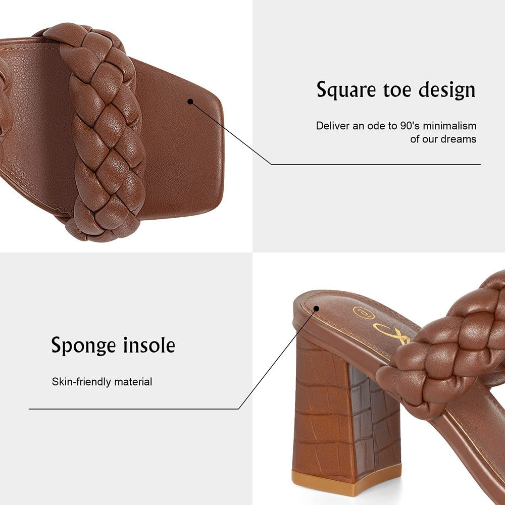 Elegant Women's Braided Heels Sandalias Fashion Strappy Square Sandals Open Toe Backless Mules Slip On Block Heeled Shoes
