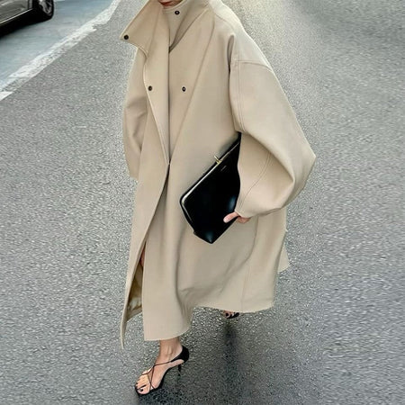 Fashion Loose Women's Trench Coat Stand Collar Batwing Sleeve Oversized Long Coats 2025 New Autumn Casual Street Chic Outwear