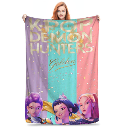 kpop Demon Hunters Huntrix Golden Blanket  Warm Graphic Plush Throw Blanket For Girls Boys Living Room Flannel Bedspread Cover