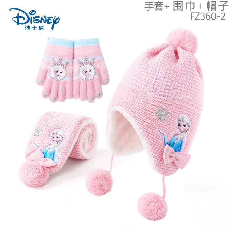 Disney Elsa Cartoon Cute Student Hat and Scarf Creative Kawaii Girls Princess Winter Warm Three-Piece Set Christmas Gift