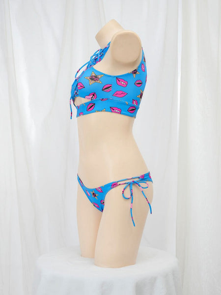 Anime Beach Girl Red Lip And Yellow Danger Warning Line Uniform Printing Bikini Swimsuit Underwear Women Outfits Cosplay Costume