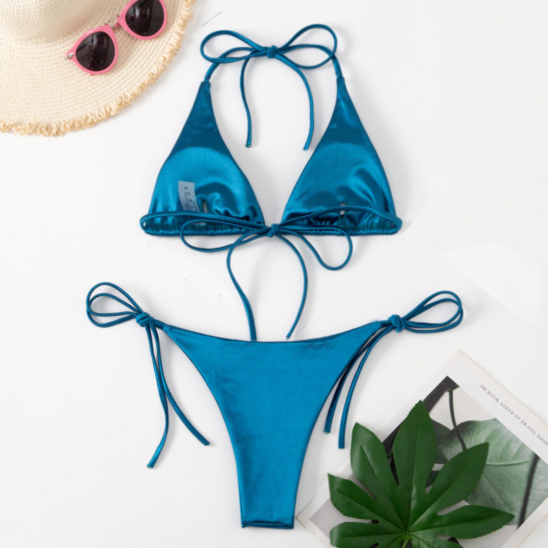 Wrap Around Halter Metallic Satin Bikini Women Swimwear Female Swimsuit Two-pieces Bikini Set Brazilian Bathing Suit Swim Lady