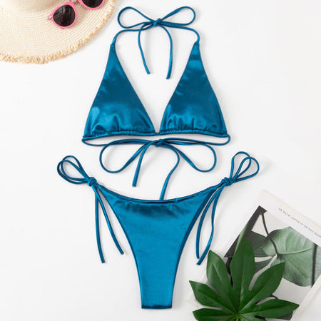 Wrap Around Halter Metallic Satin Bikini Women Swimwear Female Swimsuit Two-pieces Bikini Set Brazilian Bathing Suit Swim Lady