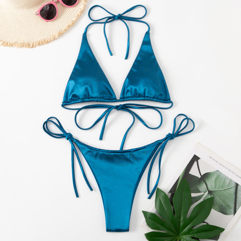 Wrap Around Halter Metallic Satin Bikini Women Swimwear Female Swimsuit Two-pieces Bikini Set Brazilian Bathing Suit Swim Lady