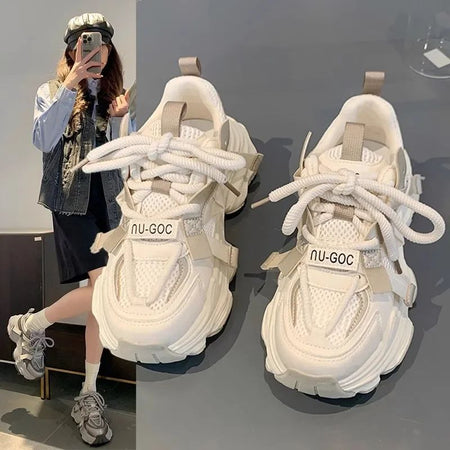 Women's Chunky Sneakers  Breathable Mesh Platform Sports Shoes Woman Fashion Lace Up Thick Sole Casual Shoes Mujer