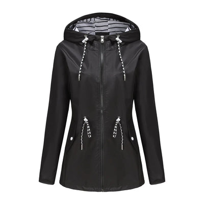 Blue Waterproof Hooded Jacket Women Fashion Casual Coat Waist Drawstring Tie Zipper Switch Red Green Yellow Black Windbreaker