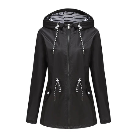 Blue Waterproof Hooded Jacket Women Fashion Casual Coat Waist Drawstring Tie Zipper Switch Red Green Yellow Black Windbreaker