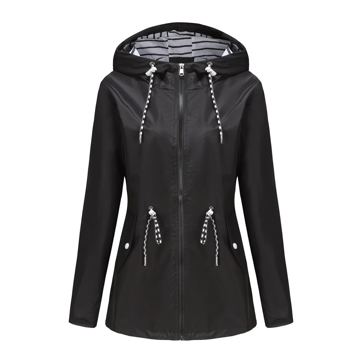 Blue Waterproof Hooded Jacket Women Fashion Casual Coat Waist Drawstring Tie Zipper Switch Red Green Yellow Black Windbreaker