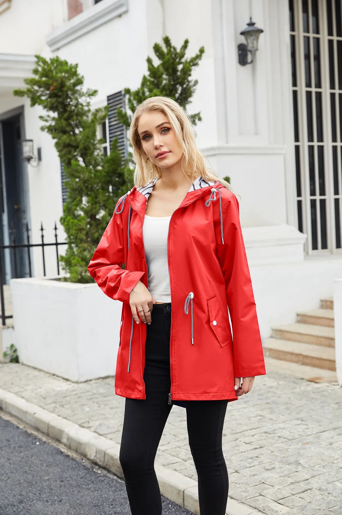 Blue Waterproof Hooded Jacket Women Fashion Casual Coat Waist Drawstring Tie Zipper Switch Red Green Yellow Black Windbreaker
