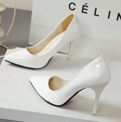 New Solid Color Pumps Women High Heel Shoes Female Fashion Patent Leather Sexy Pointed Toe Thin Heel Wedding Shoes Size 44