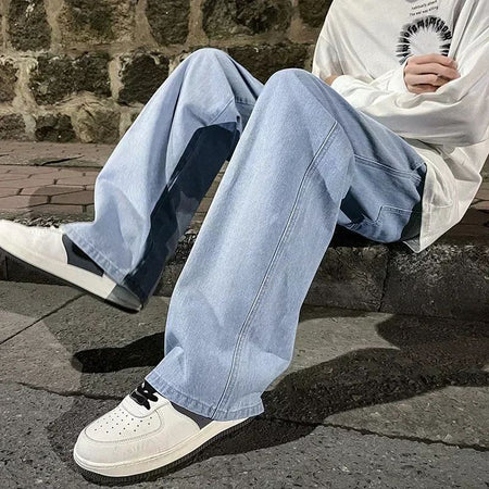 Spring Autumn New Men's Jeans Japanese Vintage Elastic Waist Casual Straight-leg Pants Trendy Wide-leg Trousers Loose Fit