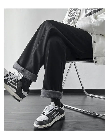 4 Colors Winter Fleece Men's Jeans Baggy Straight Elastic Waist Denim Pants Fashion Korean Thickened Warm Male Thermal Trousers