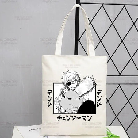 Chainsawman Kawaii Pochita Denji Shopping Bag Bolsas De Tela Shopper Chainsaw Man Anime Shopping Jute Bag Cotton Bag Jute Sacola