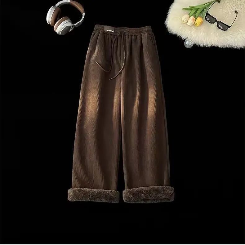Velvet high waisted wide leg pants women winter new streetwear thickened lambskin corduroy pants lazy joggers women casual pants