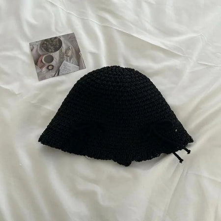 Korean Ins Bow Spring and Summer Fashion Sweet Bucket Hat Outdoor Sunshade Knitted Solid Color Straw Breathable Women Sun Hats