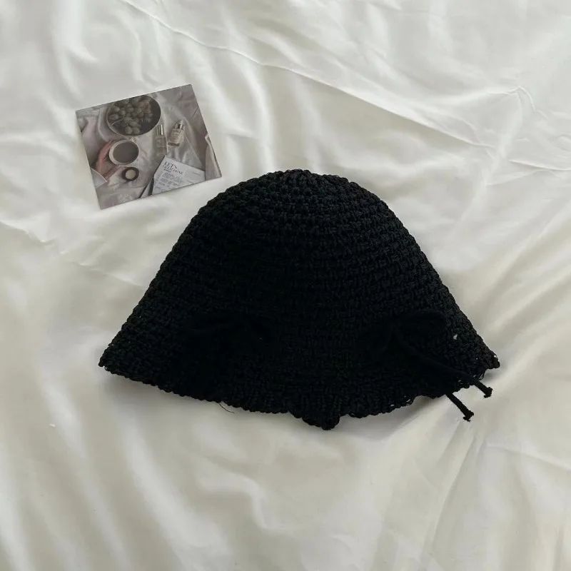 Korean Ins Bow Spring and Summer Fashion Sweet Bucket Hat Outdoor Sunshade Knitted Solid Color Straw Breathable Women Sun Hats