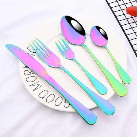 6/30Pcs Rainbow Dinnerware Stainless Steel Cutlery Set Knife Cake Fork Tea Spoon Flatware Set Kitchen Silverware Tableware Set