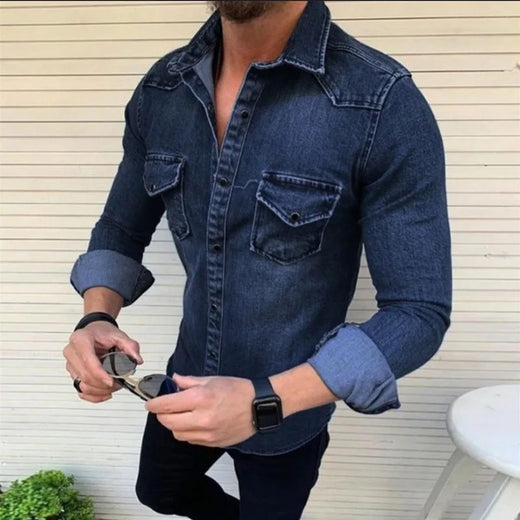 Vintage Solid Color Men Washed Denim Shirt 2024 Autumn Causal Full Sleeve Turn Down Collar Single Breasted Multi Pockets Coat