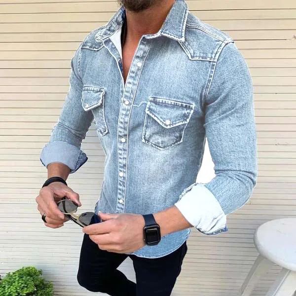 Vintage Solid Color Men Washed Denim Shirt 2024 Autumn Causal Full Sleeve Turn Down Collar Single Breasted Multi Pockets Coat