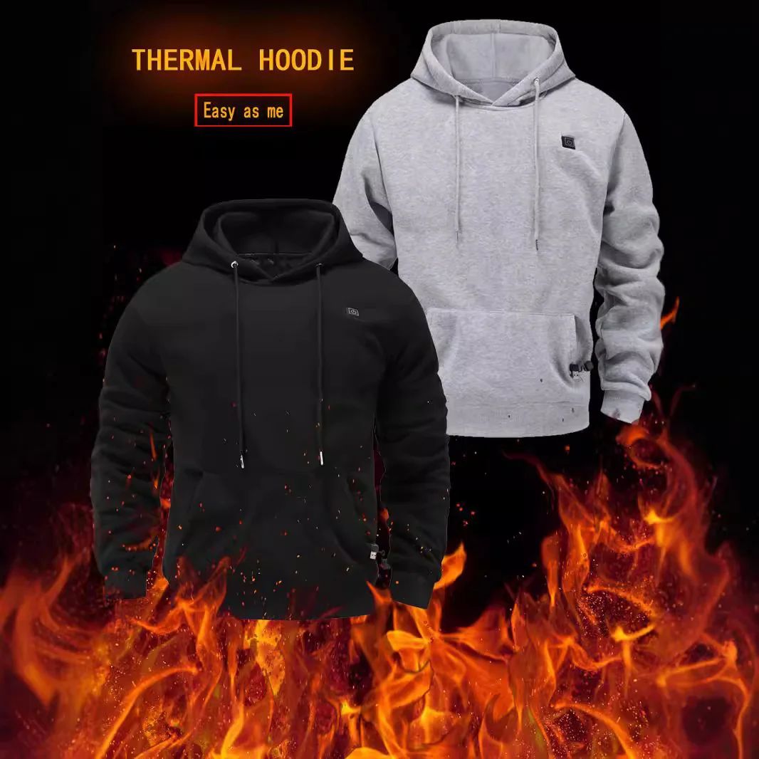 Cross-Border Men's USB Heated Fleece-Lined Sweatshirt Warm Outdoor Casual Clothing Electric Heating Hooded Sweatshirt