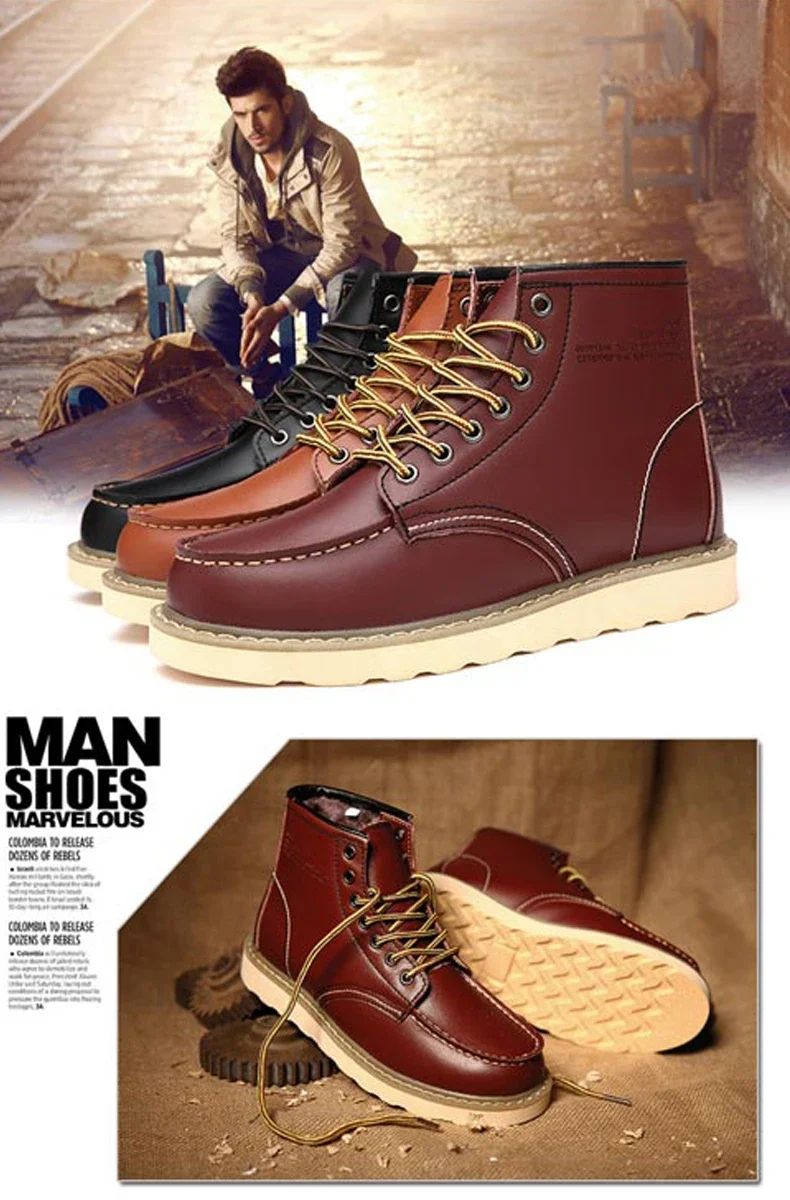 Winter Warm Men Boots Leather Mens Snow Boots with Fur Handmade Waterproof Male Ankle Boots No-slip High Top Male Work Shoes