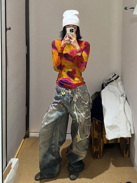American High Street 3D Digital Print Candy Chain Weathered Knife Straight Leg Casual Jeans for Men And Women