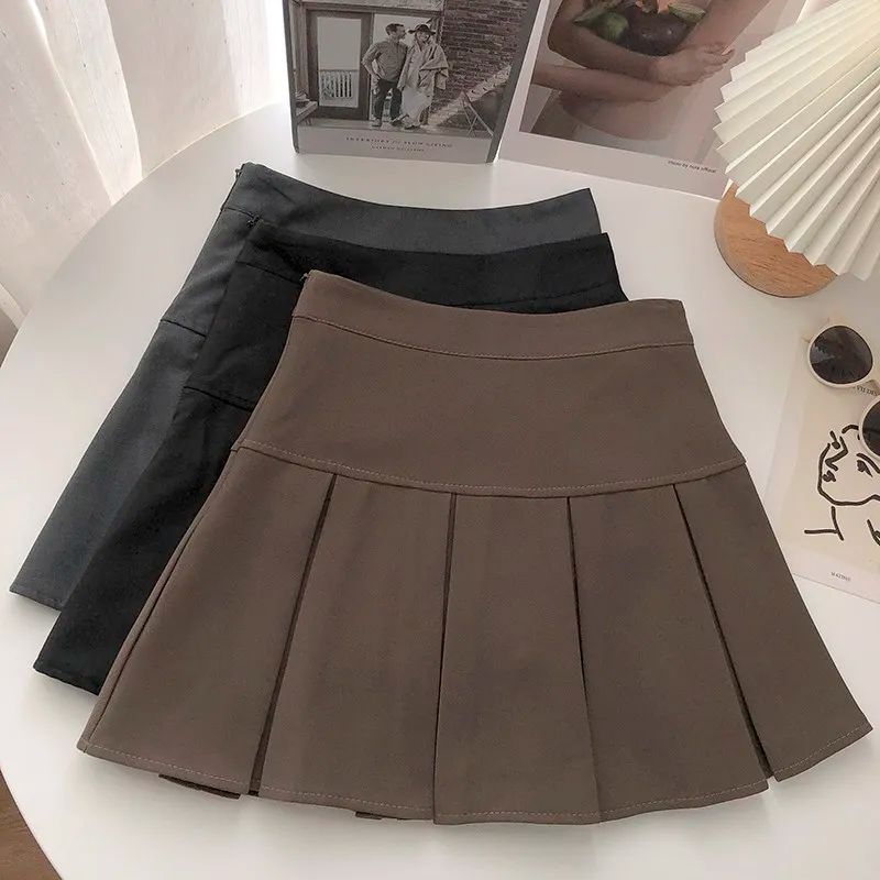 Vintage Brown Pleated Skirt Women Spring Summer Korean Style Y2K High Waisted A-line Mini Skirts Preppy Style Girls Causal