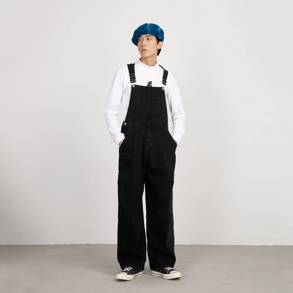 Retro Japanese Style Overalls Casual Straight Leg Workwear Jeans American Streetwear Couples Denim Overalls Loose Fit Men's Jean