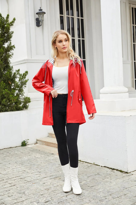 Blue Waterproof Hooded Jacket Women Fashion Casual Coat Waist Drawstring Tie Zipper Switch Red Green Yellow Black Windbreaker