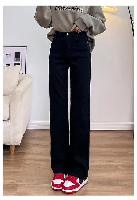 Winter Thickened Women's Mink Velvet Jeans Loose Straight Warm Soft Fleece Fashion Elastic High Waist Female Pants Black Blue