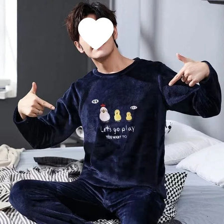 Thickened Flannel Sleepwear Set for Men Winter Home Clothes Coral Fleece Lined Autumn Winter Style Overhead Mens Nightgown