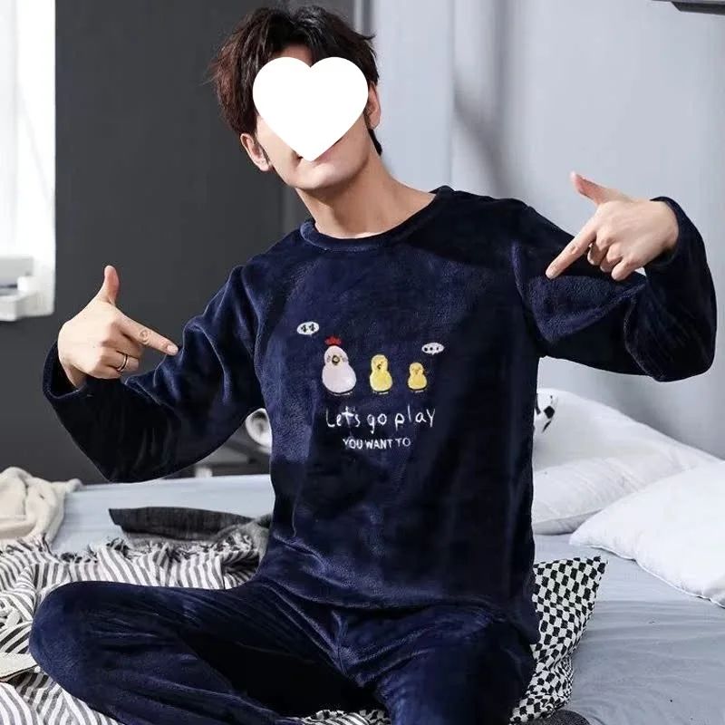 Thickened Flannel Sleepwear Set for Men Winter Home Clothes Coral Fleece Lined Autumn Winter Style Overhead Mens Nightgown