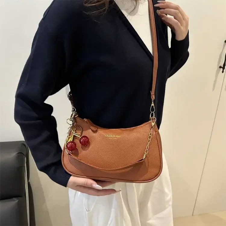 Cherry Pedant Shoulder Underarm Bag Women's Fashion Handbags Causal Hobos Purses Ladies Hand Bags Pu Leather for Work Travel
