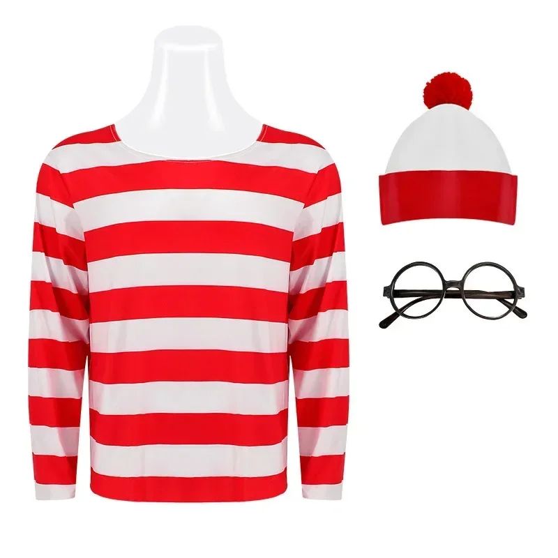 Wheres Waldo Striped Shirt Youth  Boys Wally Costume Shirt Glasses and Hat Socks Unisex Adults Carnival Cosplay Costume