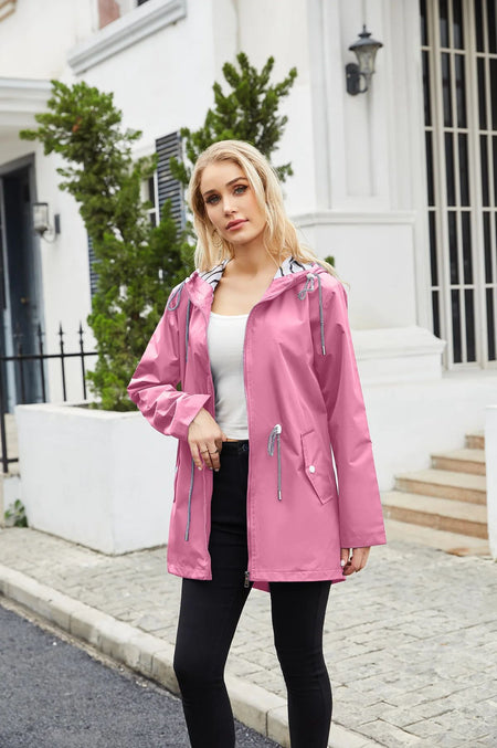 Blue Waterproof Hooded Jacket Women Fashion Casual Coat Waist Drawstring Tie Zipper Switch Red Green Yellow Black Windbreaker