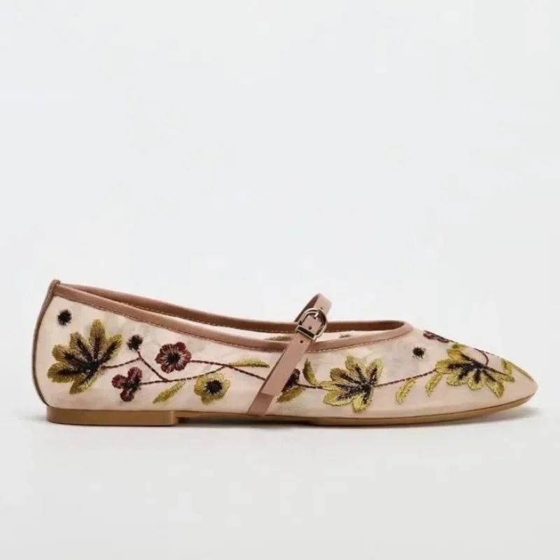 New Mesh Breathable Ballet Flats Women Luxury Designer Embroidered Flower Mary Jane Shoes Light Comfort Low Heeled Summer Flats