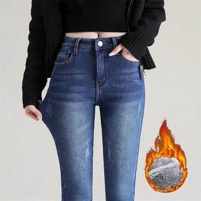 Winter Lady Thermal Plush Jeans Snow Warm Stretch Jeans Hot Sale High Waist Fleece Pants Female Straight Leg Denim Trousers