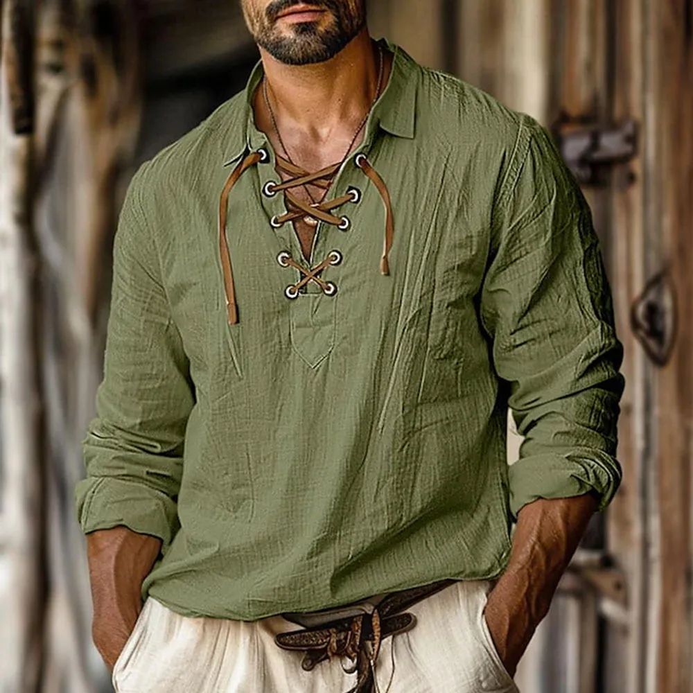 2025 Men's Renaissance Shirt Pirate Medieval Viking Top Cotton Linen Shirts Casual Fashion V-neck Tie Up Long-sleeved Shirt