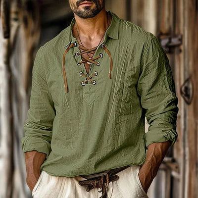 2025 Men's Renaissance Shirt Pirate Medieval Viking Top Cotton Linen Shirts Casual Fashion V-neck Tie Up Long-sleeved Shirt