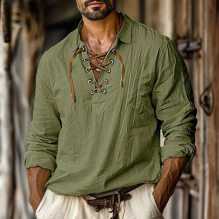 2025 Men's Renaissance Shirt Pirate Medieval Viking Top Cotton Linen Shirts Casual Fashion V-neck Tie Up Long-sleeved Shirt