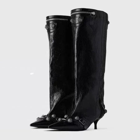 Women's Sexy Stiletto High Heels with Rivet Decoration, Wide Barrel Knee Length Boots, European and American Fashion Show Boots