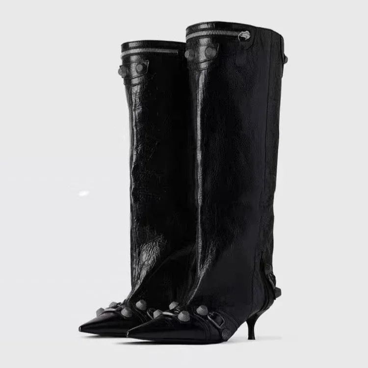 Women's Sexy Stiletto High Heels with Rivet Decoration, Wide Barrel Knee Length Boots, European and American Fashion Show Boots