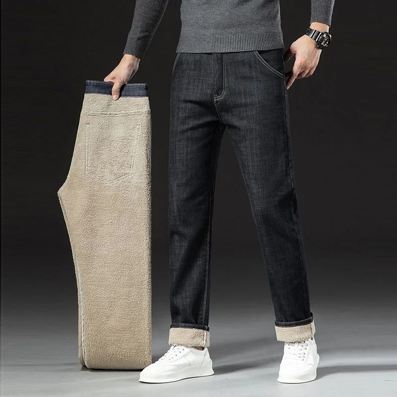 Men Winter Fleece Lined Thickened Warm Jeans Male Fashion Loose Straight Slim Fit Denim Pants Smart Casual Comfortable Trousers