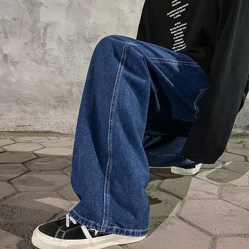 Spring Autumn New Men's Jeans Japanese Vintage Elastic Waist Casual Straight-leg Pants Trendy Wide-leg Trousers Loose Fit